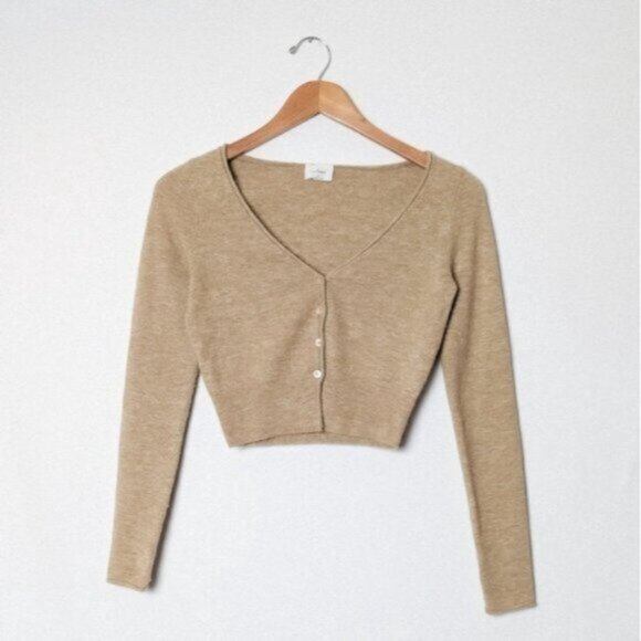 WILFRED Santorini Cardigan Sweater Wool Cashmere Knit Gold Camel XS Aritzia - Picture 9 of 14